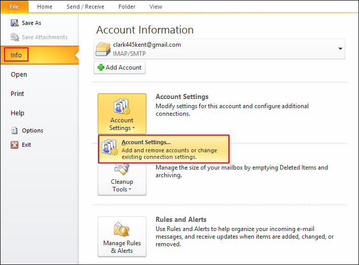 click account settings in Outlook 2010