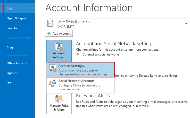 hit account settings in Outlook 2016