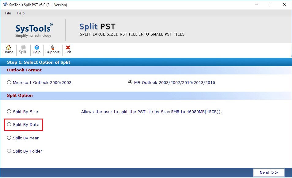 Select Split PST By Date