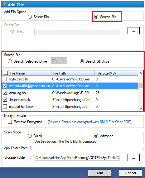 Search multiple PST files