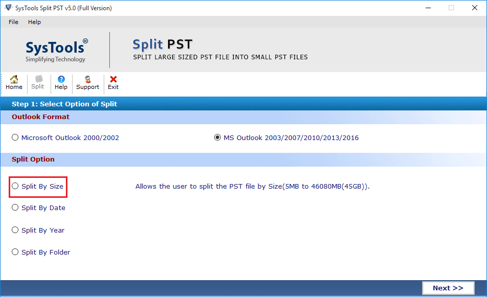 Select Split PST Option